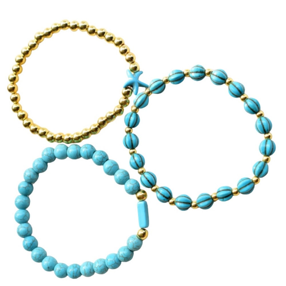 Stretch Bracelet Set of 3 Turquoise and Gold For Average Size Wrists - Picture 4 of 4